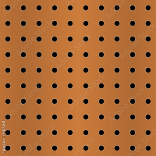 Peg board with round perforated holes, Metal or brass texture background. Vector illustration