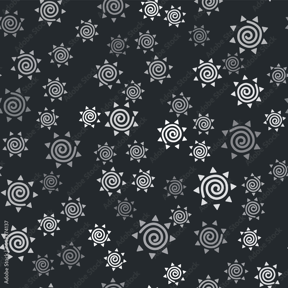 Grey Sun icon isolated seamless pattern on black background. Summer symbol. Good sunny day. Vector