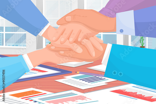 Shaking hands business vector illustration with symbol of success deal, happy partnership, greeting shake, casual handshaking agreement, team work flat sign design isolated on business background