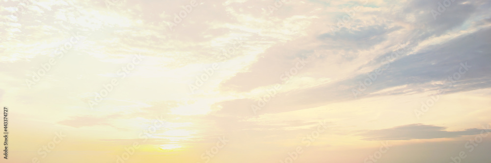 Fototapeta premium sky panorama Natural colors Evening sky Shine new day for Heaven, The light from heaven from the sky is mystery, In the twilight golden atmosphere, Modern sheet structure design, New Banner Web 2021