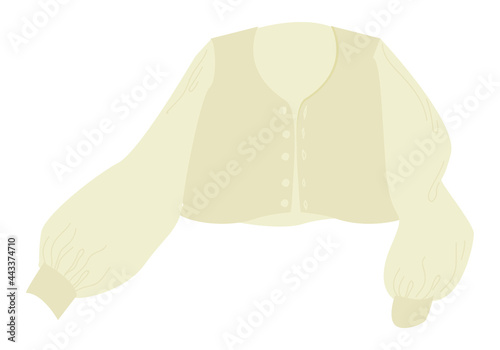 Knitted short cardigan with puff sleeves. Cozy warm clothes with buttons.  Trendy knitwear item. Vector illustration