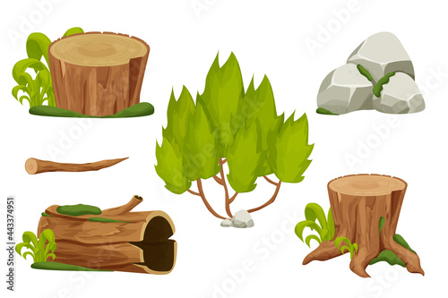 Forest nature elements landscape set with tree stump, sold trunk, bush, stone pile and moss in cartoon style isolated on white background. Ui assets, for computers game interface vector Illustrations