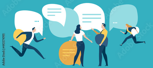 Chatting and posting on social networks. Digital communication concept. People carry text bubbles. Vector illustration