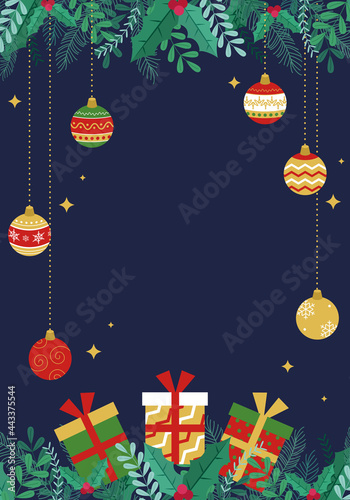 クリスマスのプレゼントとオーナメントのもみの木のフレーム背景のベクターイラスト(コピースペース,バックグラウンド,飾り,ポスター)