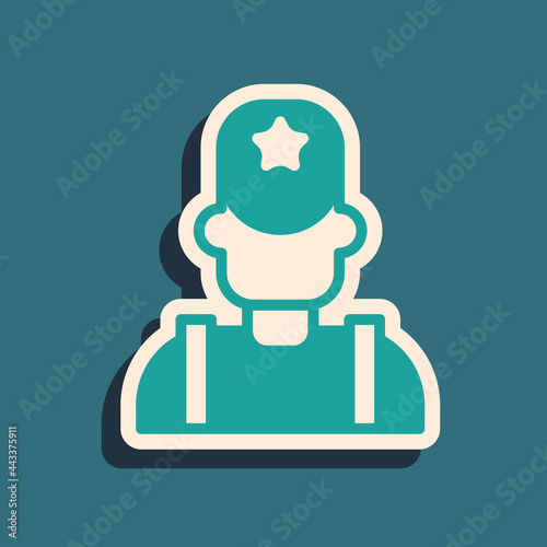 Green Sheriff cowboy hat with star badge icon isolated on green background. Police officer. Long shadow style. Vector