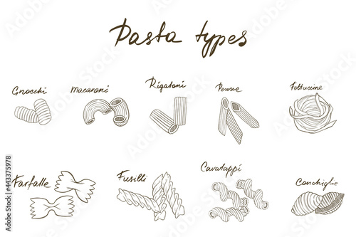 Set of pasta types, monochrome, hand drawn vector