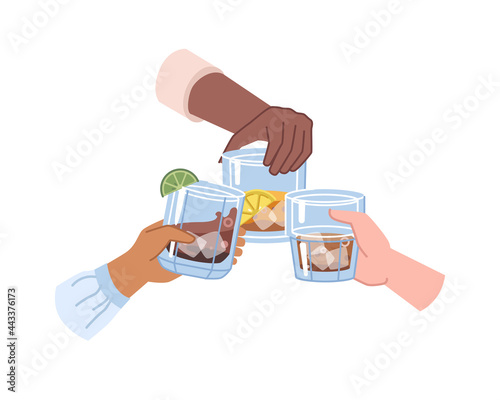 Hands holding strong drinks in glasses, alcoholic beverages with ice cubes. Cognac or whiskey, brandy or rum with lime or lemon slice. Celebration and toasting, festivity cheers. Flat cartoon vector