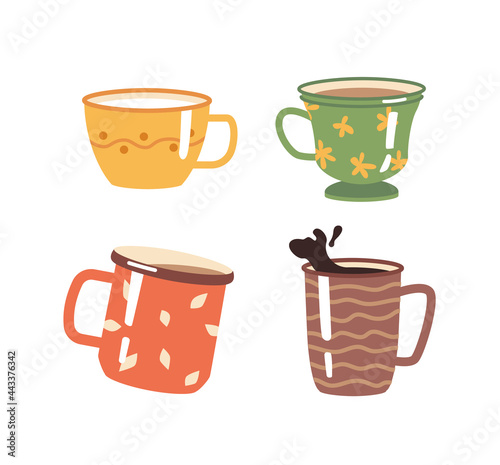 Coffee and tea hot beverages in cups and mugs decorated with ornaments. Isolated cappuccino or americano, macchiato aromatic taste of caffeine drink. Cheers and celebration. Flat cartoon vector