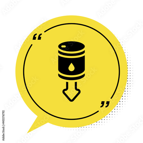 Black Drop in crude oil price icon isolated on white background. Oil industry crisis concept. Yellow speech bubble symbol. Vector