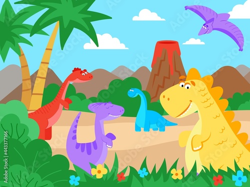 Prehistoric landscape. Cartoon dinosaur nature walk, jurassic cute monsters. Baby dino animals in jungle and active volcano decent vector scene
