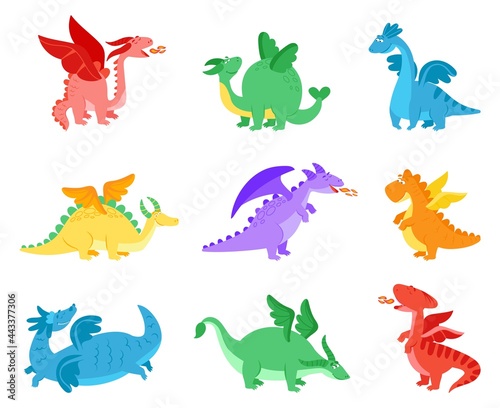 Fototapeta Naklejka Na Ścianę i Meble -  Cartoon dragons. Fairy tale dragon, funny reptile with wings. Cute flying monster. Colorful baby magic creature, fantasy dino decent vector characters