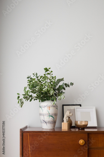 Stylish vase on wooden sideboard
