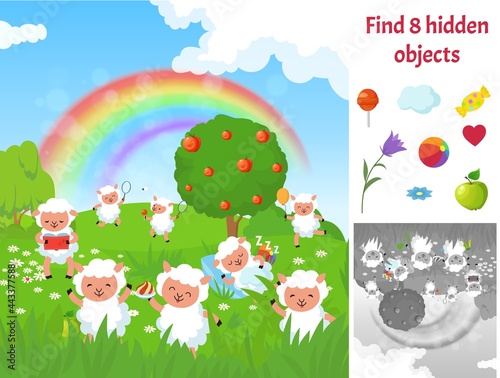 Find hidden objects. Kids puzzle game with sheep on meadow. Fun brain teaser looking different items on green garden landscape. Happy cute sheeps cartoon vector picture