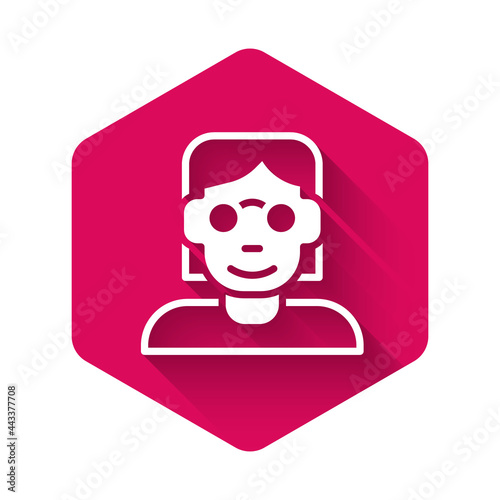 White Hacker or coder icon isolated with long shadow background. Programmer developer working on code, coding, testing, debugging, analysing. Pink hexagon button. Vector