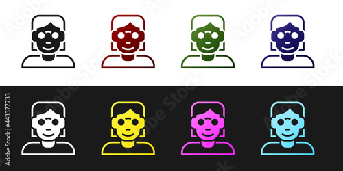 Set Hacker or coder icon isolated on black and white background. Programmer developer working on code, coding, testing, debugging, analysing. Vector