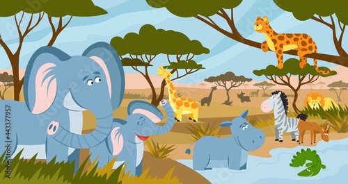Savanna animals. African summer animals, savannah lands landscape. Funny tropical zoo, safari park panorama with decent flat wild vector characters © MicroOne