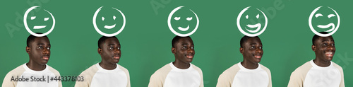 Evolution of emotions, African man's portrait isolated on green studio background with copyspace