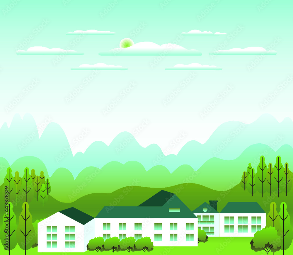 Minimal landscape village, mountains, hills, trees, forest. Rural valley scene. Farm countryside with house, building in flat style design. Blue green pastel gradient colors. Cartoon background vector