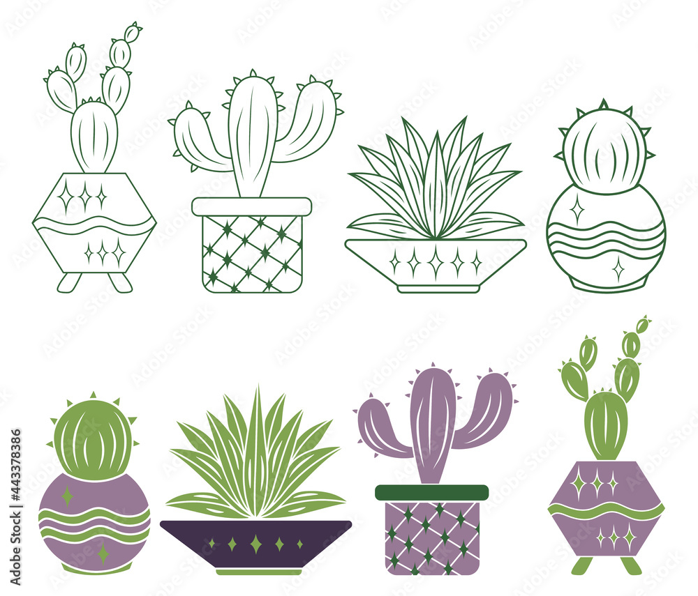 Summer linear clipart for stickers with cactus, home potted plants, succulent. Botanical outline clipart set. Vector collection of cactus silhouette for greeting card or posters, for packaging design Summer linear clipart for stickers with cactus, home potted plants, succulent. Botanical outline clipart set. Vector collection of cactus silhouette for greeting card or posters, for packaging design