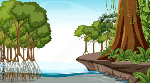 Nature scene with Mangrove forest at daytime in cartoon style