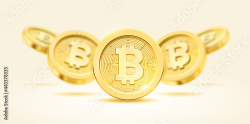 Bitcoin electronic cryptocurrency, economy and finance in cyberspace. Background with golden coins, commerce and international transactions. Blockchain and stock, assets and online trade, vector