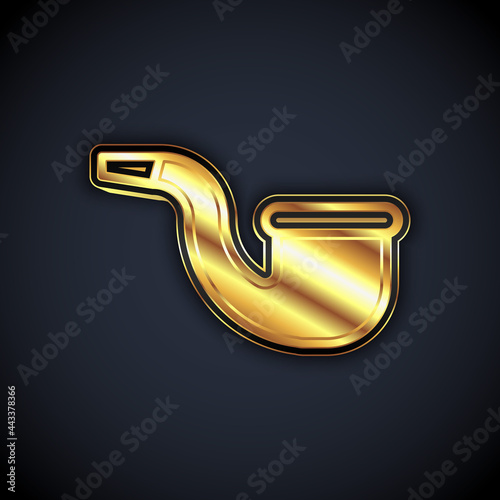 Gold No pipe smoking icon isolated on black background. Dont smoke. Tobacco pipe. Vector