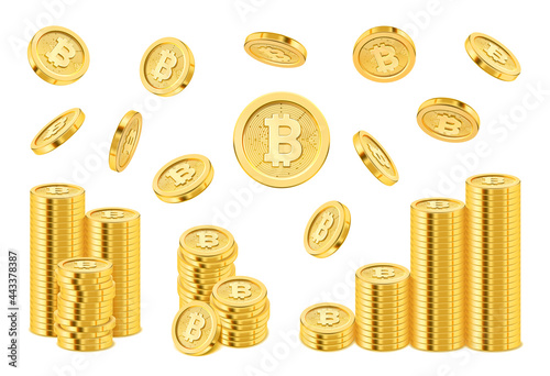 Bitcoin cryptocurrency stack of golden coins, falling money realistic 3d style. Financial assets and electronic payment, growth of income due to mining and investment. Global currency vector