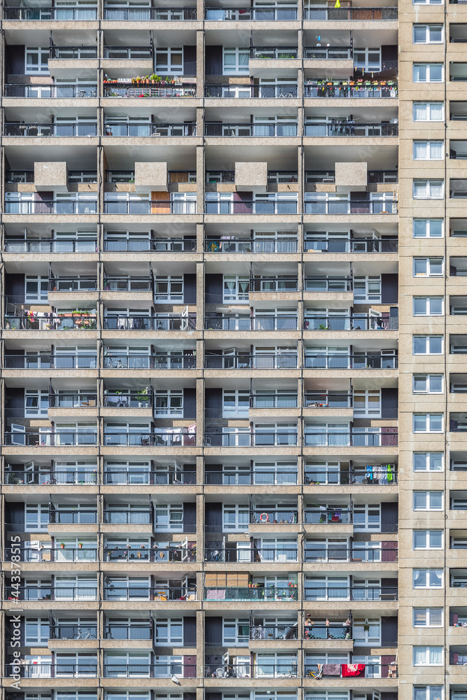 A Brutalist style tower block, Trellick Tower, in London, UK A Brutalist style tower block, Trellick Tower, in London, UK