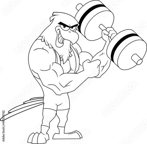 Outlined Smiling Eagle Bodybuilder Cartoon Character With Big Dumbbell. Vector Hand Drawn Illustration Isolated On Transparent Background