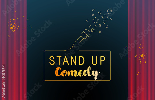 Stand up banner. Red curtains stage, theater background. Festival night show banner. Microphone and stars. Stand up comedy stage