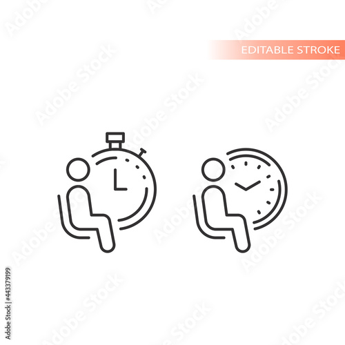Waiting room line vector icon. Man sitting in a chair with a clock outline, editable stroke.