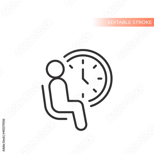 Waiting room line vector icon. Man sitting in a chair with a clock outline, editable stroke.