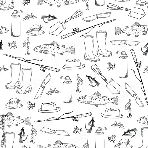 fishing seamless pattern. Fishing set elements hand drawing outline