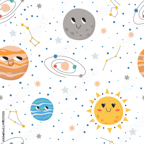 Cute seamless pattern with space concept. Planets, galaxy, stars and constellation. Great for children and nursery.