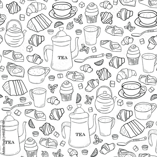 Seamless pattern "Tea time". Background with teapot, cups, pastries, sugar, croissant. Hand drawing sketch, outline