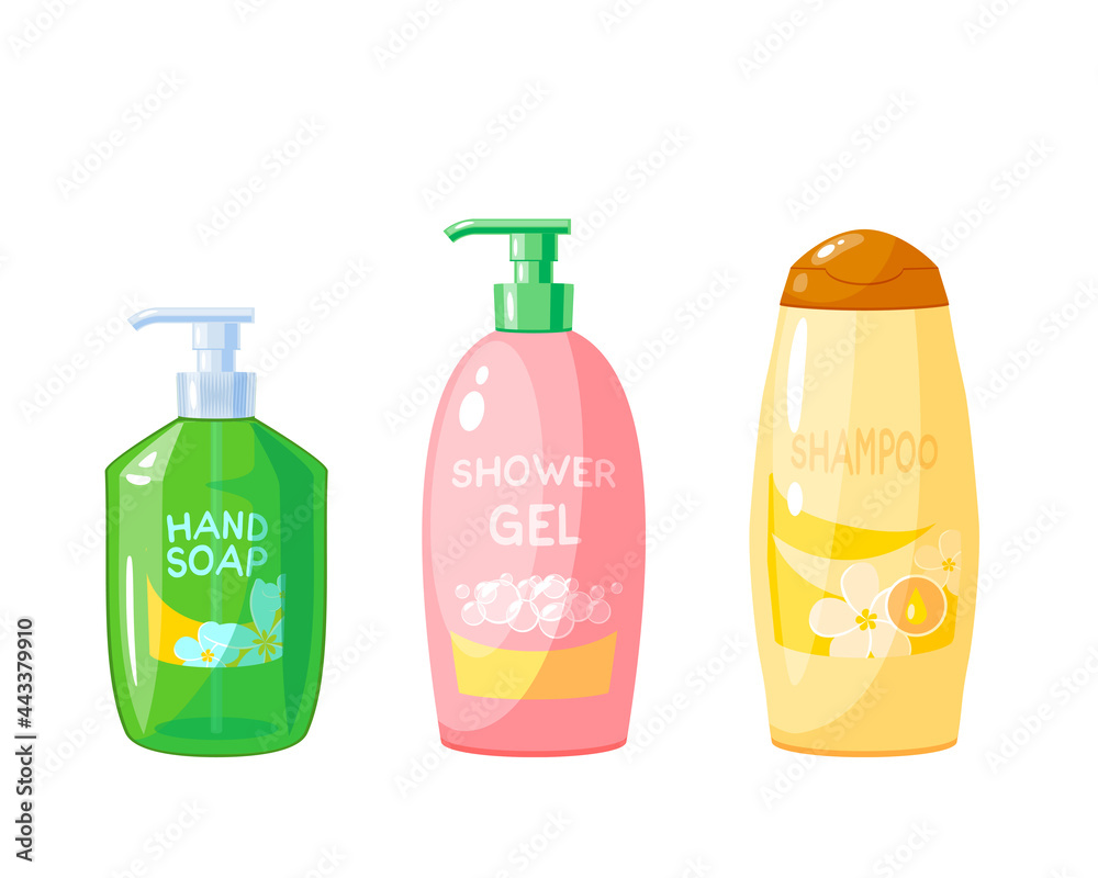 Liquid hand soap, shampoo and gel. Vector cartoon icon set isolated on white background. | Adobe Stock