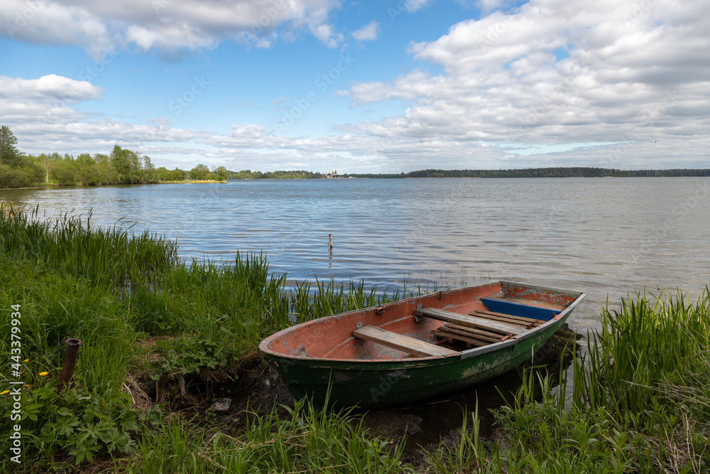 Valdai National Park. Boat on Lake Valdai. Novgorod region. Russia.