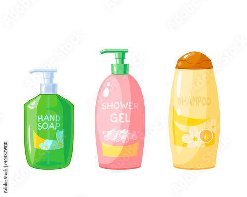 Liquid hand soap, shampoo and shower gel. Vector illustration cartoon icon set isolated on white background.