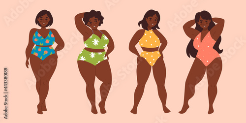Set of plus size african american woman in swimsuit isolated vector illustration. Modern hand drawn design clip art. Love your body. Body positive. Diffrent body types.