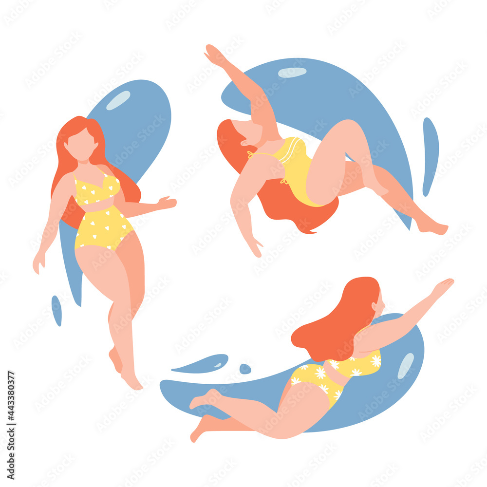 Sea or ocean swimming woman. Holiday floating happy girl, summer swimwear. Beach pool party poster or banner. Woman in bikini swimming, diving and floating on water surface. Flat cartoon retro style