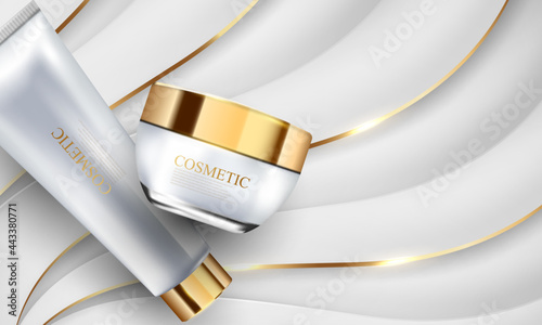 Branding products cosmetic tube pack Of Cream Abstract white gold background poster beauty with dynamic.