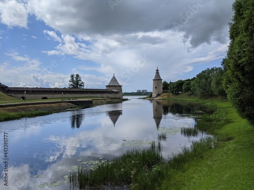 old castle in the village of the country pskov russia ancient tower bricks wall