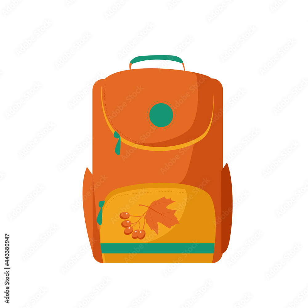Back to school. One vector school orange backpack in cartoon style, isolated on a white background