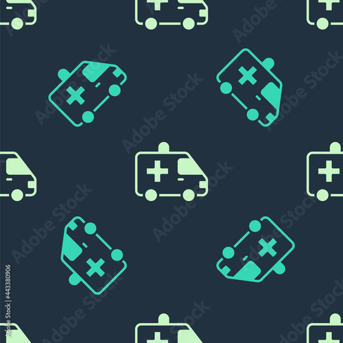 Green and beige Ambulance and emergency car icon isolated seamless pattern on blue background. Ambulance vehicle medical evacuation. Vector
