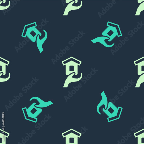 Green and beige Shelter for homeless icon isolated seamless pattern on blue background. Emergency housing, temporary residence for people, bums and beggars without home. Vector