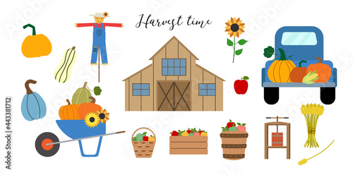 Autumn vector clipart with old wood barn, blue truck, scarecrow, wheelbarrow, pumpkins, apples in baskets and crate, cider press, sunflower isolated on white background.