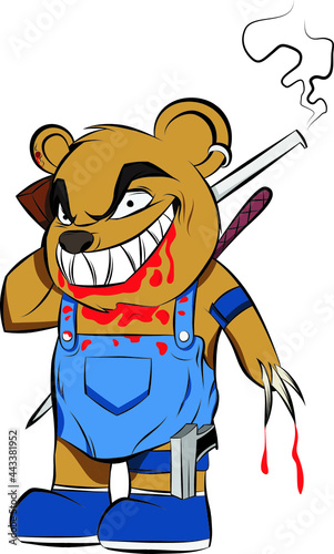 Killer Teddy Bear covered in blood celebrating Halloween. Evil Toy for Kids to give them fear and nightmare. Cartoon Style isolated Halloween illustration.