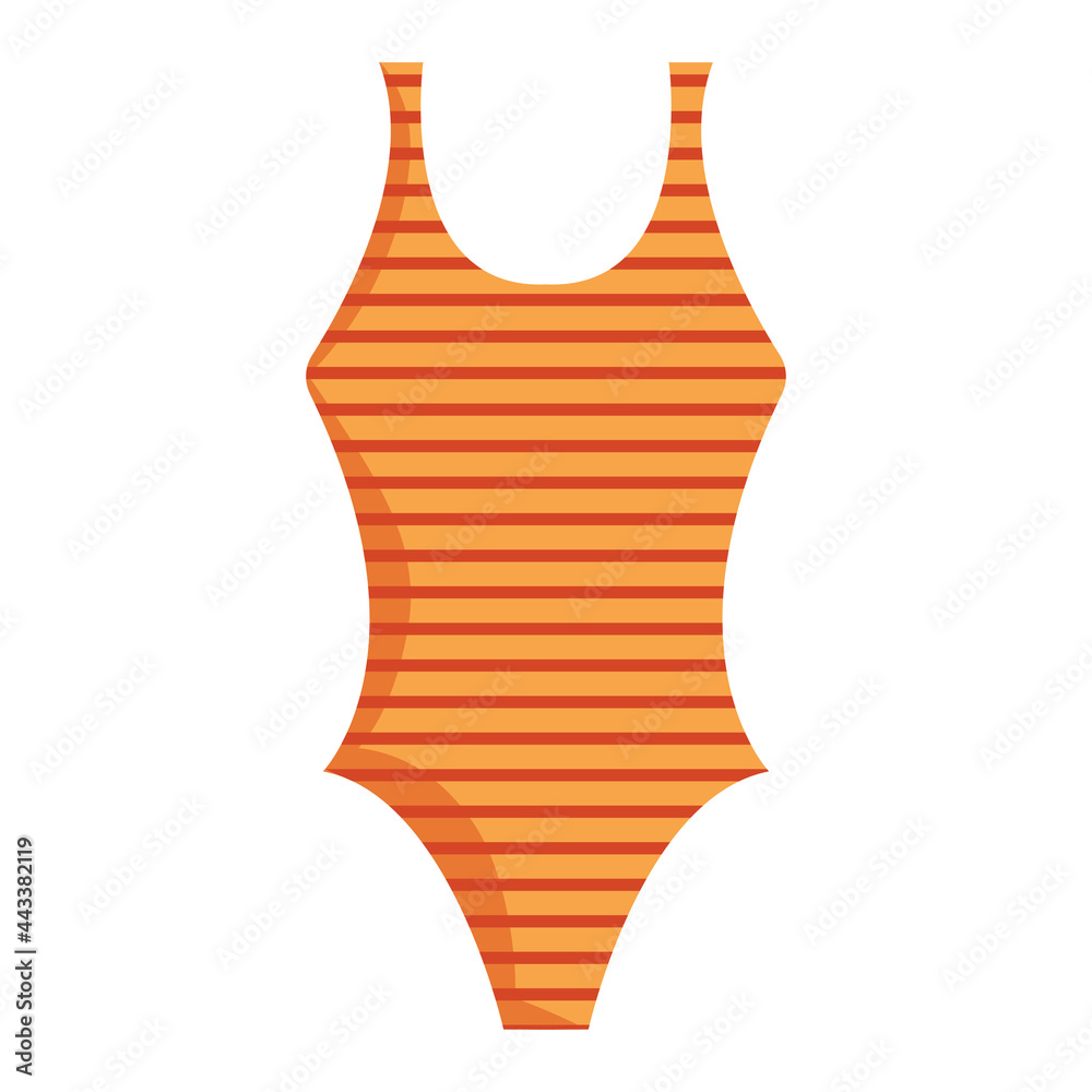 Vector illustration of retro woman swimwear in cartoon flat style. One-Piece striped swimsuit summer clothes