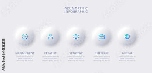 Five neumorphism circle elements in horizontal row for infographic and presentation. Concept of 5 steps of business development process