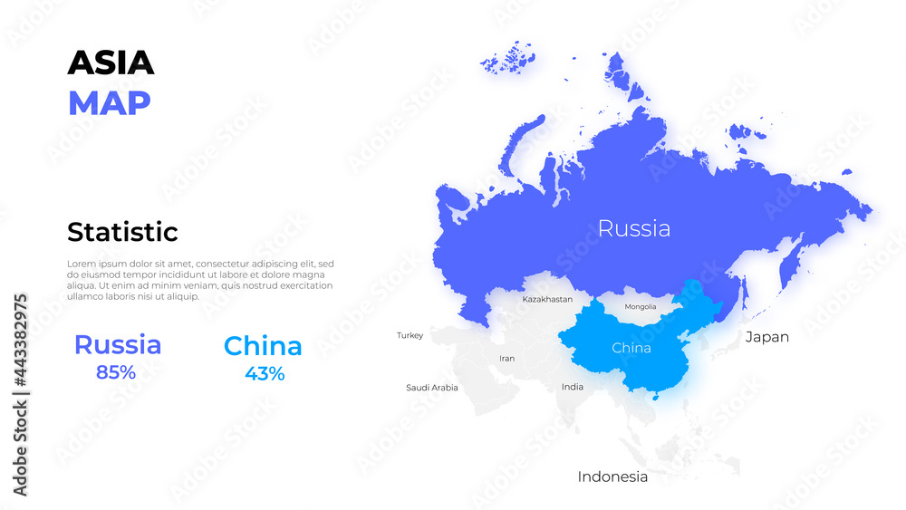 Naklejka premium Asia vector map infographic template divided by countries. Slide presentation. Statistic elements